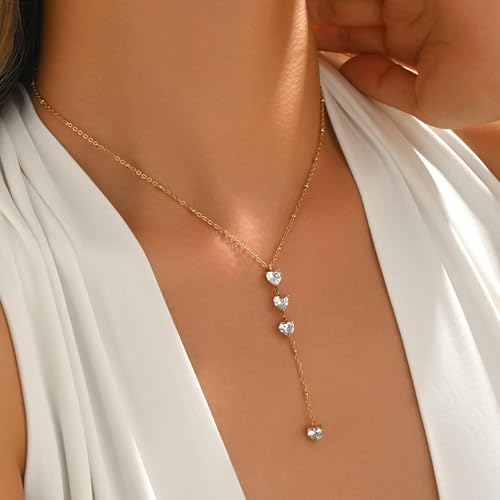 Lariat Necklaces for Women 18K Gold Plated Cubic Zirconia Heart Necklaces Dainty Star Lightning Sun and Moon Necklace Trendy Y Shaped Drop Diamond Necklace - color: 4 Heart CZ Y Necklace-Gold