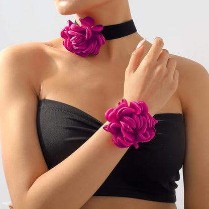 Rose Black Velvet Floral Choker Necklace - Camellia Daisy Rosette - Spring Summer Flower Jewelry - color: Hot Pink