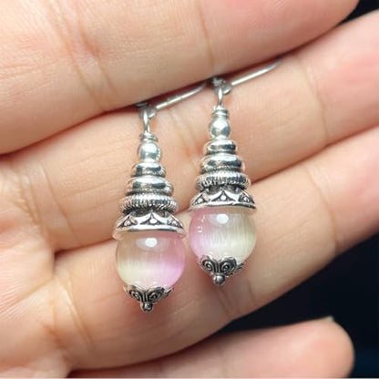 Natural 10mm Stone Beads Drop Earrings,Retro Silver Round Quartz Crystal Gemstone Beads Dangle Earrings for Women - color: A05_Colorful Cat-Eye Quartz