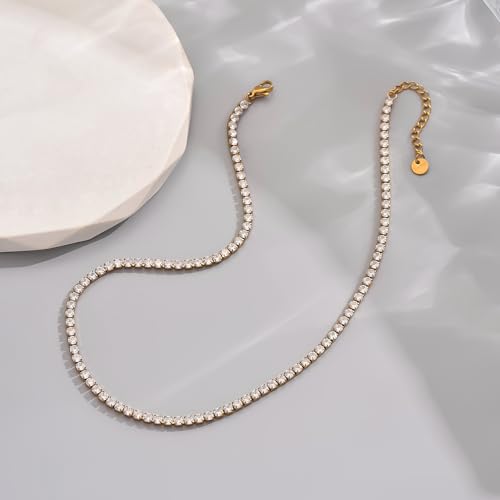 3mm Cubic Zirconia Tennis Necklace for Women, Dainty Adjustable 18K Gold Plated/Silver CZ Tennis Necklace, Hypoallergenic Iced Out Everyday Jewelry Gift for Her Wedding Party - color: 36cm Tennis Choker-Gold