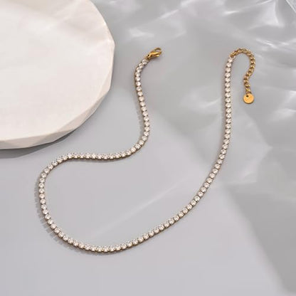3mm Cubic Zirconia Tennis Necklace for Women, Dainty Adjustable 18K Gold Plated/Silver CZ Tennis Necklace, Hypoallergenic Iced Out Everyday Jewelry Gift for Her Wedding Party - color: 36cm Tennis Choker-Gold