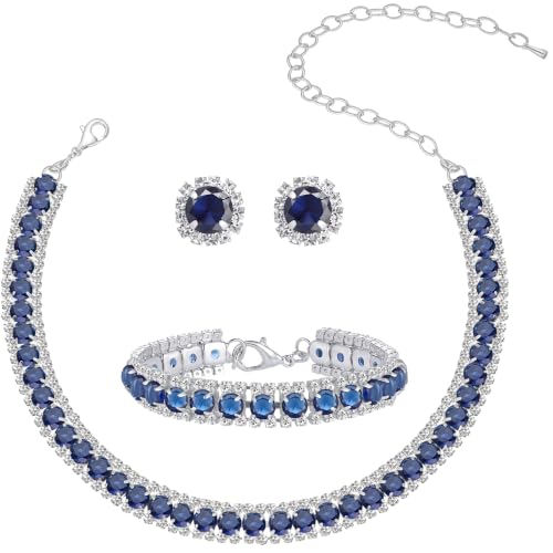 Women Rhinestone Crystal Jewelry Set Crystal Tennis Design Rhinestone Choker Necklace Link Bracelet Teardrop Earrings Set Wedding Bridal Bridesmaids Party - color: Silver Plated Blue Crystal（2）