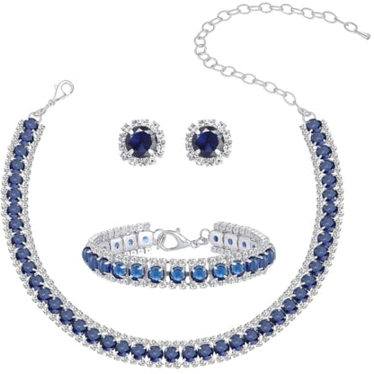 Women Rhinestone Crystal Jewelry Set Crystal Tennis Design Rhinestone Choker Necklace Link Bracelet Teardrop Earrings Set Wedding Bridal Bridesmaids Party - color: Silver Plated Blue Crystal（2）