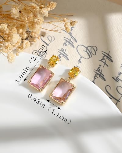 14K Gold Plated Pink Crystal Stud Square Stone Drop Dangle Geometric Earrings for Women Vacation Jewelry - color: Pink and Yellow