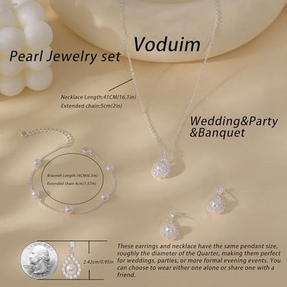 Jewelry Sets for Women,Dainty 14k Gold Plated Pearl Earrings Necklace Bracelet Fashion Silver Bridal Jewelry accessories SimpleWedding Jewelry Sets for Brides - color: silver