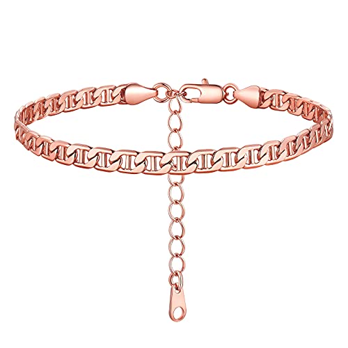 FOCALOOK 14K Gold Plated Anklets for Women Waterproof Plus Size Ankle Bracelet 8.5-10.5 Inch Adjustable Mariner/Figaro/Flat Snake/Cuban Link Chain Anklet Jewelry for Summer Beach Holiday - color: B:5mm Mariner-Rose Gold