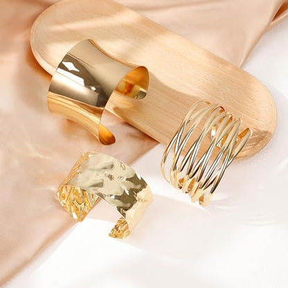 3Pcs Chunky Gold Cuff Bracelets Open Wide Bangle Bracelets Set for Women Minimalist Irregular Bracelet Statement Wrist Cuff Wrap Bracelet Jewelry - style: styleA gold