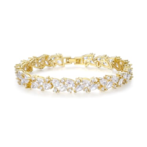 Crysdue Marquise Teardrop Cubic Zirconia Wedding Bridal & Prom Tennis Bracelets for Brides Bridesmaids, Silver/Gold/Rose Gold Plated Bracelet Gifts for Women - style: A_Gold Tone 7.5"