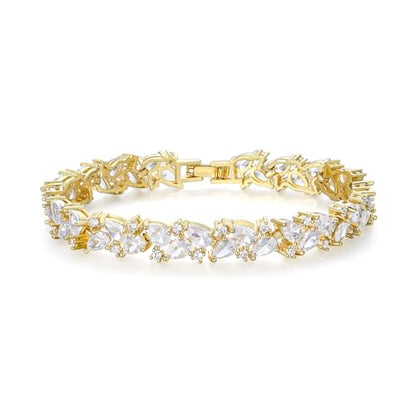 Crysdue Marquise Teardrop Cubic Zirconia Wedding Bridal & Prom Tennis Bracelets for Brides Bridesmaids, Silver/Gold/Rose Gold Plated Bracelet Gifts for Women - style: A_Gold Tone 7.5"