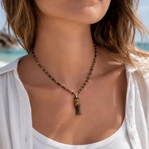 Natural Tiger Eye Fish Pendant Beaded Necklace for Women & Men | 16"+2" Adjustable | Handmade Dainty Protection Stone | Unisex Boho Beach Jewelry | Earthy Vintage Gift