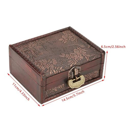 HERCHR Wooden Treasure Chest Box with Key and Lock, Retro European Style Wooden Jewelry Storage Box Memory Keepsake Letter Treasure Chest Lockable with Hinged Lid for Home Decor