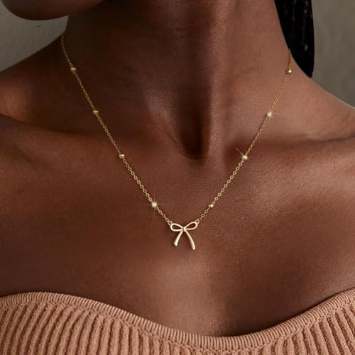 Thaivor Necklace for Women Dainty Bow Necklace 14K Gold Plated Cute Choker Small Pendant Charm Necklaces Teen Gift Trendy Stuff Personalized Jewelry Gifts - color: Gold-Bead-1