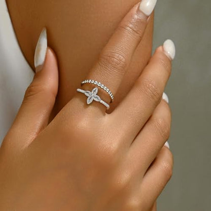 Adjustable Rings for Women 18K Gold Plated daisy Flower Butterfly Ball Cubic Zirconia Rings Dainty Open Stacking Ring - color: Flower CZ-White Gold