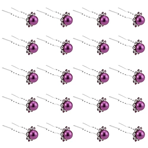 QIUTIMIY 20 Pack (Purple) Pearl Crystal Hair Pins Flower Rhinestone Hair Clips for Bridal Wedding Women Hair Jewelry Accessories, with Clear Container - color: Pearl Flower-Purple