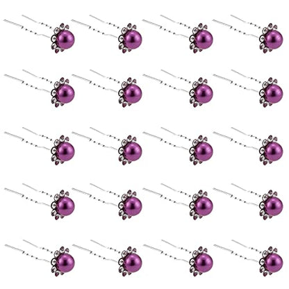 QIUTIMIY 20 Pack (Purple) Pearl Crystal Hair Pins Flower Rhinestone Hair Clips for Bridal Wedding Women Hair Jewelry Accessories, with Clear Container - color: Pearl Flower-Purple