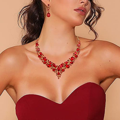 Women's Wedding Statement Necklace Dangle Earring Jewelry | Austrian Crystal Teardrop Cluster,Necklaces Earrings Set for Bride Bridesmaid,Prom Accessories - color: 21-Ruby Color Gold-Plated-Base