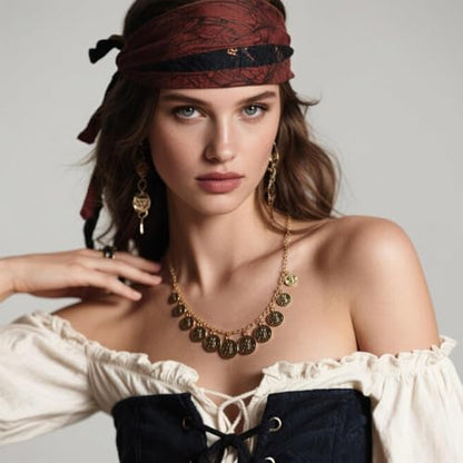 Todenb Layered Gold Pirate Necklace for Women Chunky Chain Pirate Jewelry 80s 90s Coin Pendant Necklace Pirate Costume Accessories - color: one layer
