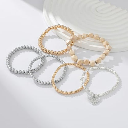 Boho Beaded Stretch Bracelets For Women Stackable Crystal Gold Plated Beaded Bracelets Set Trendy Handmade Friendship Braeclet Jewelry Gifts - color: M-Gold&Silver Beaded Bracelet