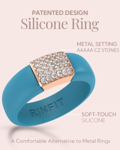 Rinfit Silicone Ring with Metal Plate & CZ for Women | AAAAA Grade Cubic Zirconia Stones, Flexible Rubber Wedding Band, Comfortable Fit, Engagement Ring for Her, Patented Design - color: Pack D: Ocean and Rose Gold
