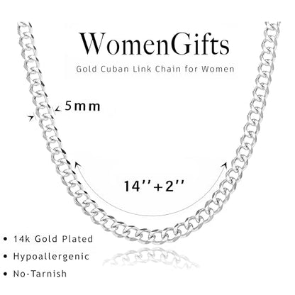 WomenGifts Cuban Link Chain Necklace for Women, Waterproof 14k Gold Silver Plated Chain Choker, Non Tarnish Stainless Steel Jewelry, 3.5/5/6/8/11mm,14/16/18 Inch Thin&Chunky&Thick - color: Silver, style: 5MM-14"