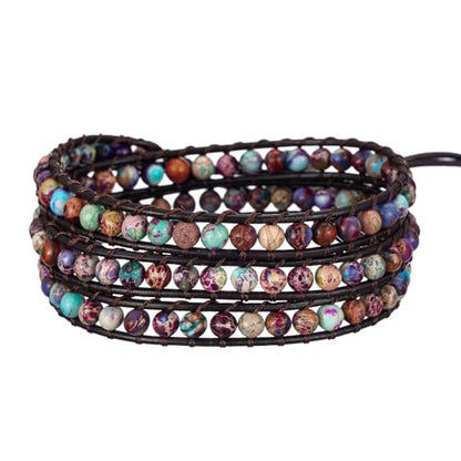 Plumiss Women Boho Handmade Natural Stone Crystal Leather Bead Wrap Bracelets Collection - style: 4mm Purple Blue Jasper