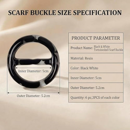 6PCS 2inch Women Lady Plastic Round Circle Scarf Ring Clips Scarves Buckle Silk Clasp Clothing Ring Wrap Holder for Silk Neckerchief Clothing T-Shirt(Black White Mixed)