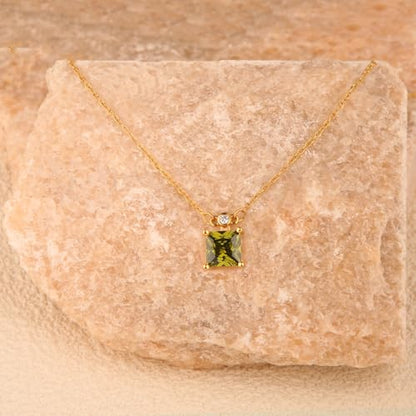18K Gold-Plated Non Tarnish Birthstone Necklace for Women, 5A Princess Cut Cubic Zirconia Pendant, Birthday Anniversary Valentine's Gift, 18-20 Inches - color: 8-Aug-Olive Green