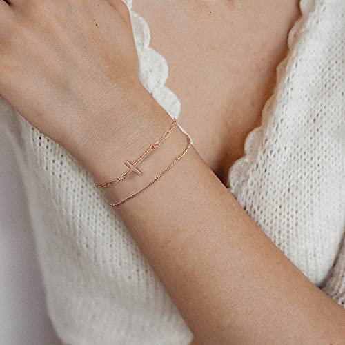 Dainty Gold Bracelets for Women, 14K Gold Plated Adjustable Layered Beads Bracelet Cute Evil Eye Oval Chain Pearl Bar Turtle Gold Bracelets for Women Jewelry - style: Beads Chain&Cross-Rose