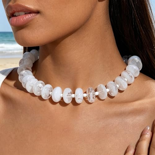 Beaded Necklace for Women Statement Chunky Necklace Boho Bead Choker Acrylic Big Bead Necklaces Summer Beach Jewelry for Women - color: White