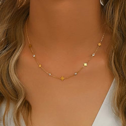 Dainty Necklaces with CZ Inlaid Minimalist Stackable Fashion Gifts - color: Eight-pointed Star-GD