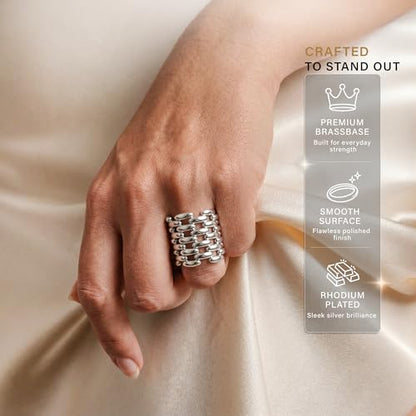 Namami Adjustable Gold Plated & Rhodium Plated(Silver) Wrap Rings for Women | Stackable Pure Brass Tarnish Free & Hypoallergenic, Minimilist Brick Design, 18K Gold Plated Wide Band Chunky Statement Ring - color: Silver