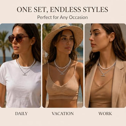 Layered Necklaces for Women Pearl Necklace Stack Gold T Bar Necklace Set Dainty Heart Pendant Jewelry Trendy 2026 Fashion Accessories Gifts - color: B1:2pcs-silver-6mm