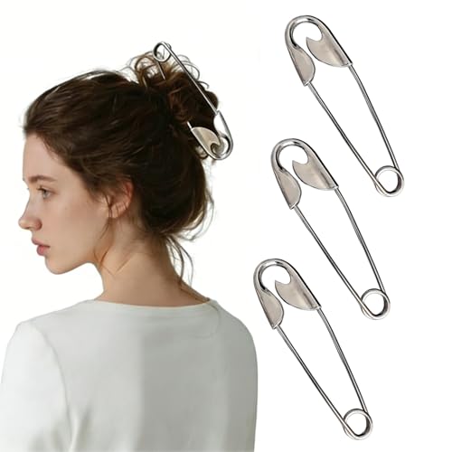 3 Pack Metal Hair Safety Pins for Women Giant Pin Shape Design Hair Stick with Strong Construction Vintage Accessories for Daily Hairstyles