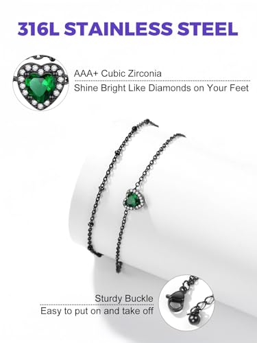 Richsteel Double Layer Heart/Butterfly Birthstone Anklet for Women | Non Tarnish Waterproof, Silver/Gold/Black Stainless Steel 8.5-10.5 Inch Adjustable Chain Anklets Summer Beach Foot Jewelry - color: Black Heart-05 May(Emerald)