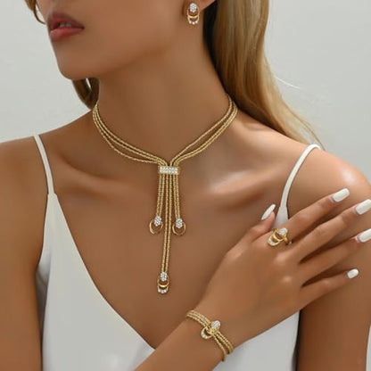 Gold Long Choker Necklace Set 18k Gold Plated Pendant Earrings Necklace Bracelet Set Simple Fashion Chain Jewelry Set For Women - style: 4 pieces