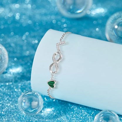 925 Sterling Silver Adjustable Letter Bracelets Infinity Heart Emerald Charm Link Bracelet ，Personalized Charm Alphabet Jewelry Valentines Christmas Mother’s Day Birthday Gifts - color: L