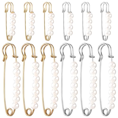 HINZIC 12Pcs Pearl Brooch Safety Pins 2.7inch 1.45 inch Gold Silver Faux Clothing Charms Fashion Pants Clips to Tighten Waist Large Sweater Shawl Pins for Women Socks Dress Decorative Accessories