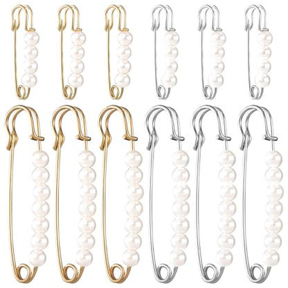 HINZIC 12Pcs Pearl Brooch Safety Pins 2.7inch 1.45 inch Gold Silver Faux Clothing Charms Fashion Pants Clips to Tighten Waist Large Sweater Shawl Pins for Women Socks Dress Decorative Accessories