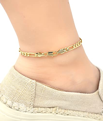 Gold Electroplated Anklet, Made in Korea - style: Concave Figaro Chain
