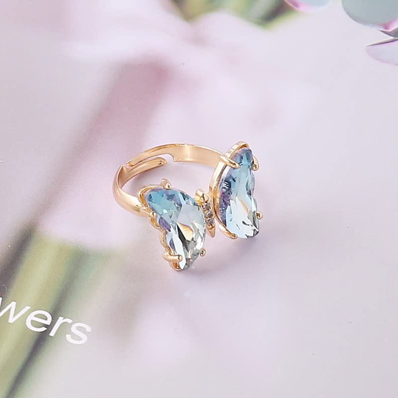 COLORFUL BLING Adjustable Elegant Transparent Crystal 3D Butterfly Rings for Women Aesthetic Gold Plated Cute Animal Insect Open Finger Cuff Ring Birthday Valentine Gifts - color: transparent light blue