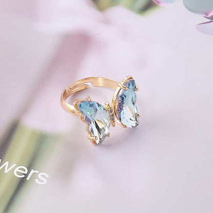 COLORFUL BLING Adjustable Elegant Transparent Crystal 3D Butterfly Rings for Women Aesthetic Gold Plated Cute Animal Insect Open Finger Cuff Ring Birthday Valentine Gifts - color: transparent light blue