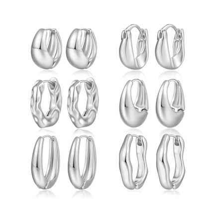 6 Pairs Gold Hoop Earrings Set for Women, 14K Gold Plated Huggie Chunky Earring Variety Pack, Hypoallergenic Thick Jewelry Gift - color: Silver Color