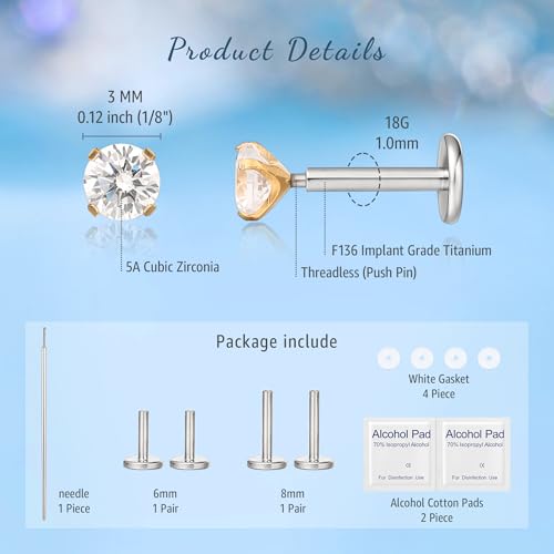 limerencia G23 Hypoallergenic 18g Flat Back Stud Earrings | F136 Implant Grade Titanium Pressfit Threadless Push Pop in Cartilage Helix Labret Lip Monroe Tragus Flat Back Piercing Studs - color: 3mm White CZ Gold