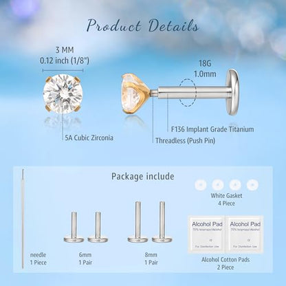 limerencia G23 Hypoallergenic 18g Flat Back Stud Earrings | F136 Implant Grade Titanium Pressfit Threadless Push Pop in Cartilage Helix Labret Lip Monroe Tragus Flat Back Piercing Studs - color: 3mm White CZ Gold