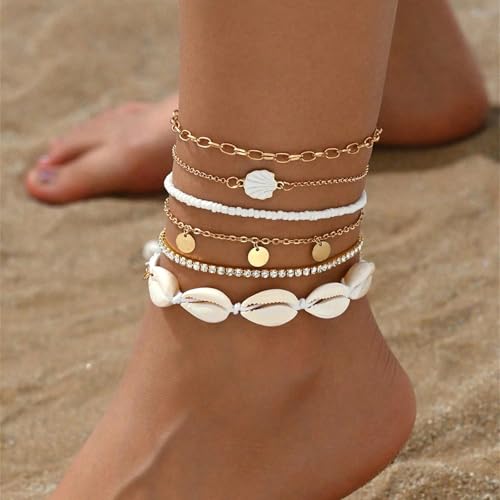 Qceasiy Starfish Ankle Bracelets for Women, Boho Beaded Beach Anklets Set | Gold-plated layered anklets in seashell, disc, and conch styles, with stretch or adjustable fits for summer beach outfits. - color: White 5