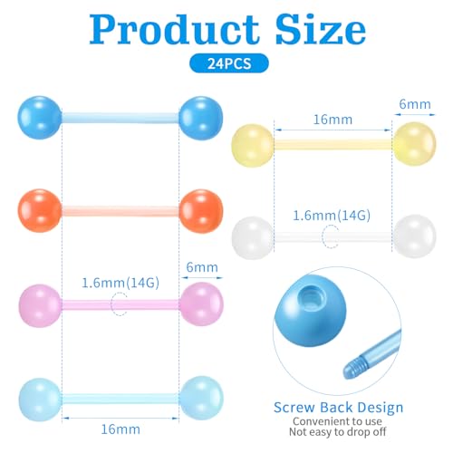 Lusofie 14G Glow in Dark Acrylic Tongue Rings 16mm Body Piercing Jewelry for Women Men, 12 Pairs (Multi Color)