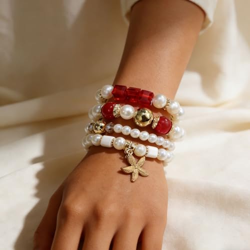 Bohemian Pearl Bracelet Set, 4 Piece Elastic Stretch Beaded Wrist Chain with Starfish Pendant, Boho Faux Pearl Multi-Color Stackable Bracelets for Women - color: Red