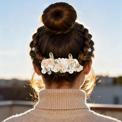 6pcs Pearl Flower Spiral Hair Ties Set – Multi Color (deep Pink, Cream, Light Pink) Coil Hair Bands for Women Ponytail Holders, No Crease Elastic Scrunchies for Festivals and Daily