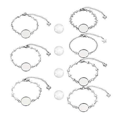 PH PandaHall 28 pcs Bracelet Bezel Settings for Jewelry DIY Craft Making | 14 pcs 7 Styles 304 Stainless Steel Bezel Bracelets Blank Tray Bangles, 14 pcs 16mm Flat Round Clear Glass Cabochons