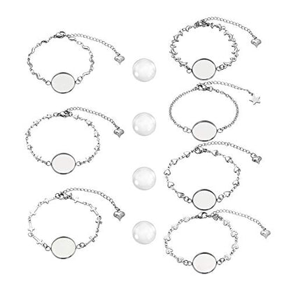 PH PandaHall 28 pcs Bracelet Bezel Settings for Jewelry DIY Craft Making | 14 pcs 7 Styles 304 Stainless Steel Bezel Bracelets Blank Tray Bangles, 14 pcs 16mm Flat Round Clear Glass Cabochons